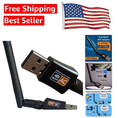 Dual Band Wireless USB WiFi Adapter with Antenna - Fast Connectivity for PCs