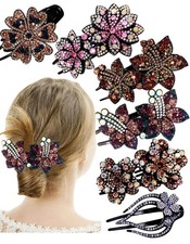 6 PCS Pink Large Double Flower Rhinestone Hair Claw Clip Crystal Ornament