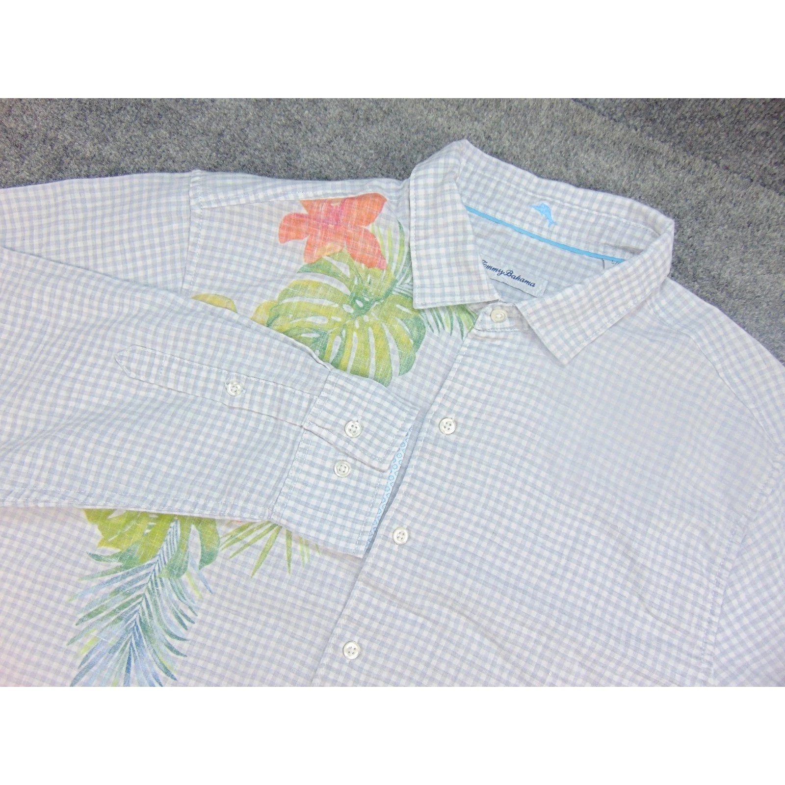 Tommy Bahama Button Down Mens Large Blue Gingham Floral Tropical Beach Shirt