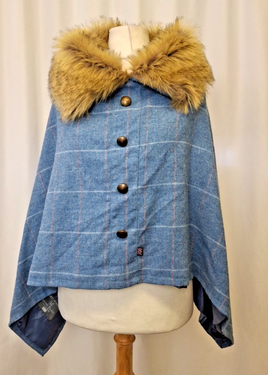Marton Mills tweed poncho cape Checked Blue Collar Wool British UK10 -14 E5078