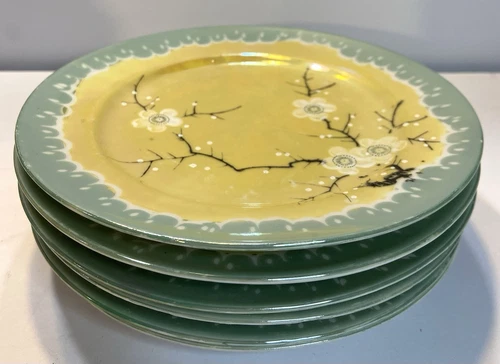 6 Vintage Takito Japan Lusterware Cherry Blossom Green And Yellow Plates 7.5”