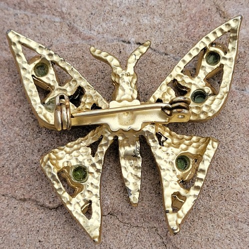Vintage goldfarben Schmetterling Brosche Pin Jade Aurora Borealis Kristalle 1,5 Zoll x 1,5 Zoll - Bild 4 von 4
