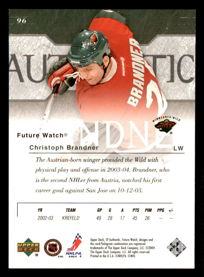 2003-04 SP Authentic #96 Christoph Brandner RC /900 (ref 239753) - Image 2 of 2