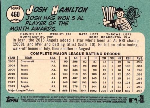 2014 Topps Heritage - Josh Hamilton #460 - Picture 2 of 2