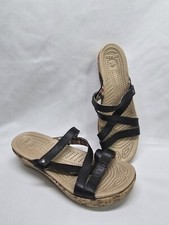 Crocs A Leigh Black Leather Cork Wedge Heel Strappy Size 8 