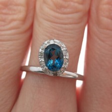 925 Sterling Silver Real Round-Cut Diamond  London Blue Topaz Ring Size 7.25