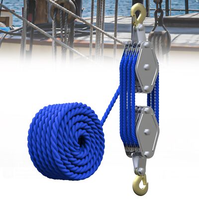 Block and Tackle, 65 Ft 3/8'' Rope Pulley, 4400 LBS Breaking Strength