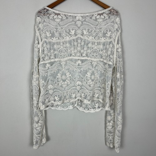 Top blusa maglia pizzo donna XXL panna bottoni ricamato uncinetto floreale boho - Foto 6 di 10