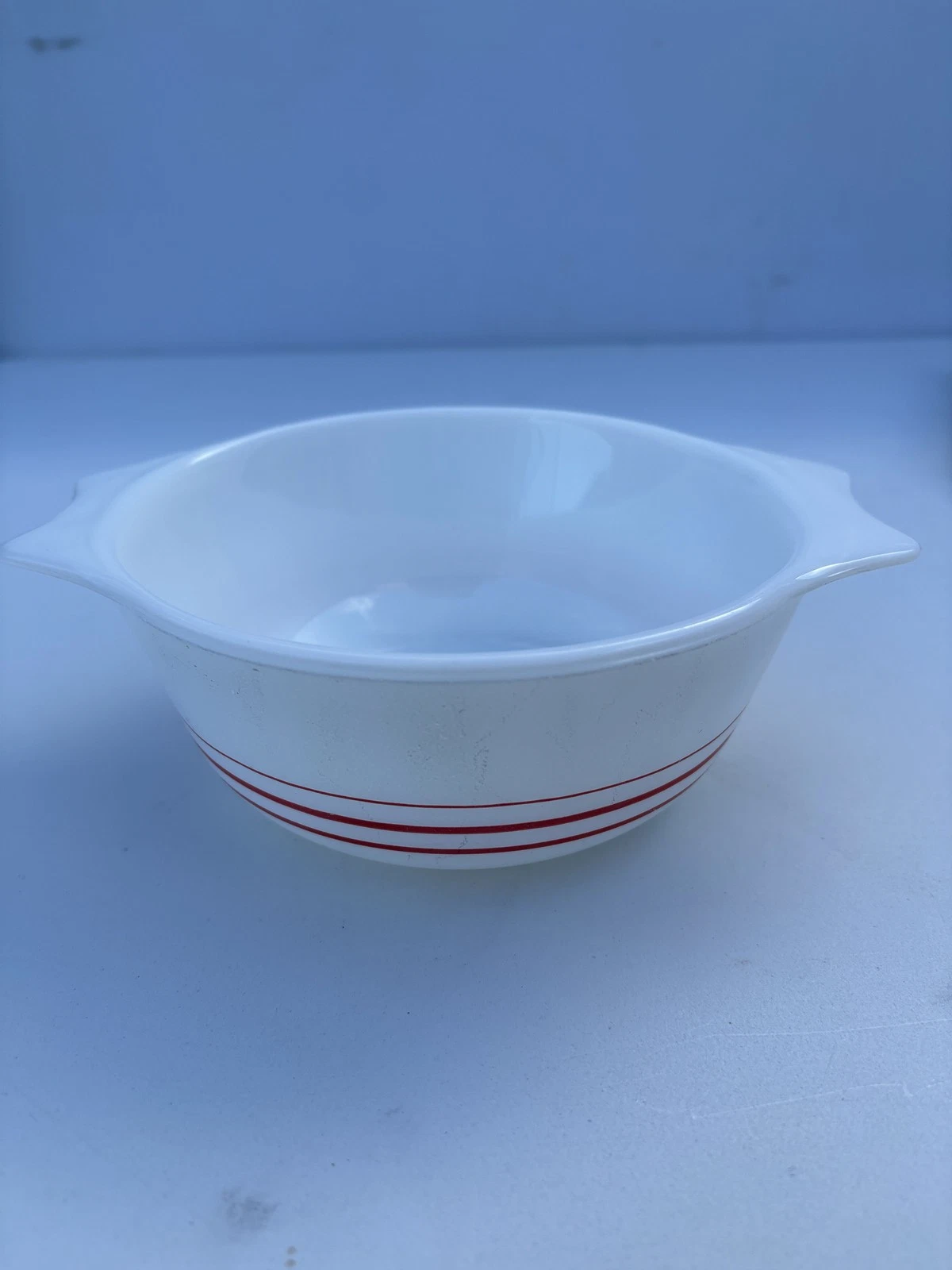Vintage 80s Pyrex Mixing Bowl Red Racer Stripes England White Glass Retro 8” Vtg