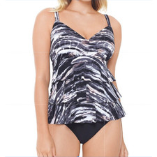 Swim Solutions SZ10 Coastal Plates Black Tiered Tummy Control One-Piece Swimsuit