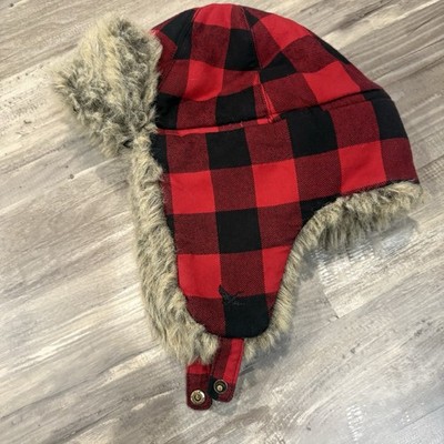 EDDIE BAUER Hadlock Trapper Hat Red/Black Plaid w/ Faux Fur~Size L