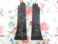 Vintage NOS Unworn Black Kid Leather 12" Elbow Gloves--Lace Cutouts--Size 6 1/2
