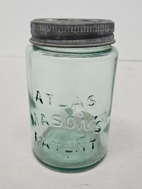 Pint Straight Sided Atlas Mason's Patent Aqua Fruit Jar Glass and Zinc Ring