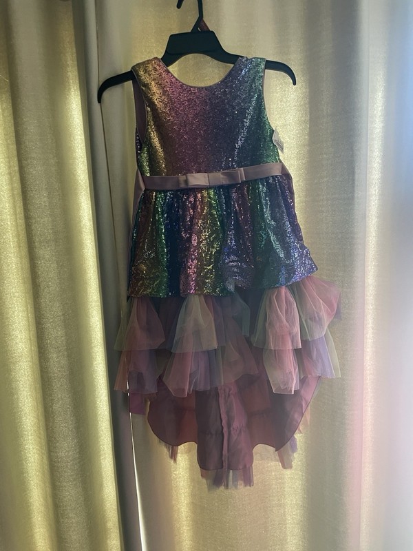 Girls Multicolor Purple Sequin Fit & Flare Hi-Low Sleeveless Dress Size 140