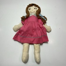Vintage Folk Art Cloth Doll Brown Hair,Pink Dress,Stitched Face 16inches long