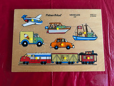 Vintage Fisher Price VEHICLES 508 Wood Puzzle 8 pcs with peg lifts Ages 2-5