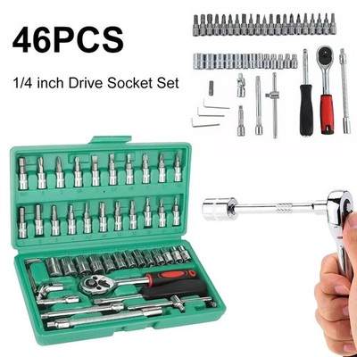 46Pcs Mechanic Tool Set 1/4'' Socket Set Metric Hex Bit Ratchet Wrench Auto Repai