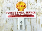 VINTAGE FLOYD'S SHELL SERVICE 6X6" GASOLINE OIL GAS PUMP STATION PORCELAIN SIGN