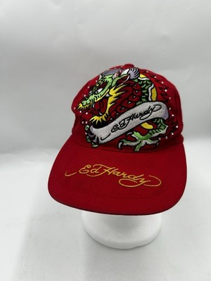 Ed Hardy Red  Embroidered Dragon Ball Cap Hat Strapback  Good Preowned  #n