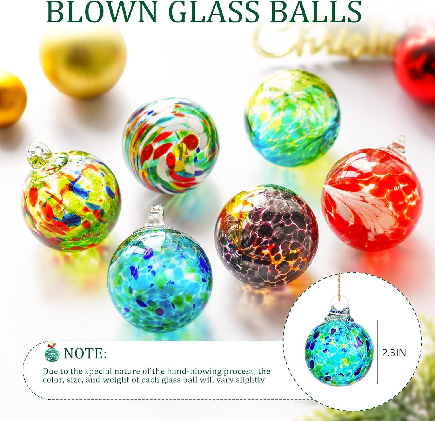 QFkris 6 Pack Hand Blown Glass Ornament for Christmas Tree, 2.3" Hanging... 