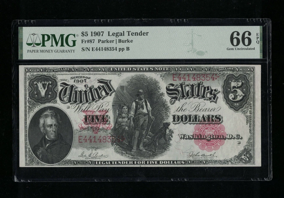 SC 1907 $5 Fr.87 Legal Tender Woodchopper Red Seal PMG 66 EPQ GEM Uncirculated - Image 2 of 4