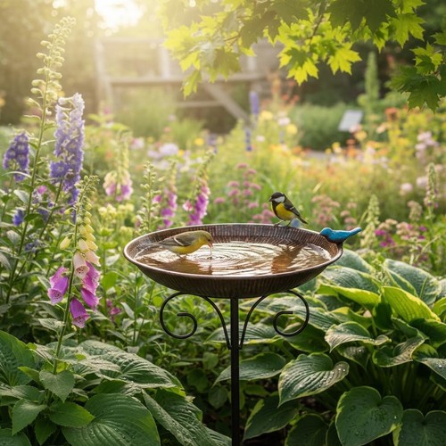 10" Small Metal Bird Bath Bowl with Stake, 0.4 Gallon Outdoor Garden Decor - 第 6/9 張圖片