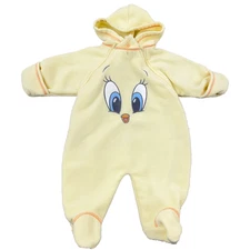 Vintage Baby Looney Tunes Tweety Bird Rompe Size 0-6 Months Yellow Fleece Y2K