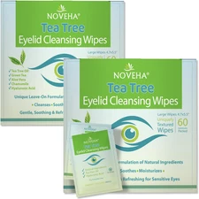 120Pcs Tea Tree Oil Eyelid & Lash Wipes with Hyaluronic Acid, Green Tea & Chamom
