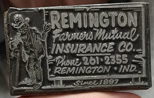Vintage Letterpress Printing block. Wood & Metal.  Remington Farmers Mutual Ins.