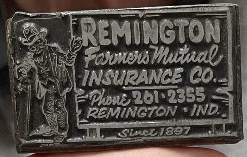 Vintage Letterpress Printing block. Wood & Metal.  Remington Farmers Mutual Ins.