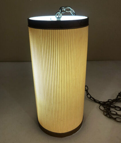 Vtg Mid Century 18" Tall Hanging Pleated Fabric Cylinder Lamp w 14' Chain/Cord
