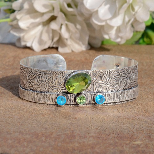 Faceted Peridot & Blue Topaz Gemstone 925 Sterling Silver Bracelet For Party - Picture 3 of 9