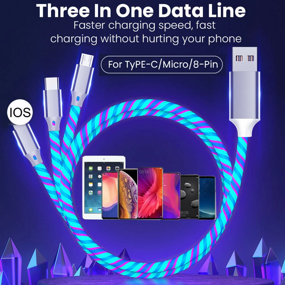 2PCS 3 in 1 LED Fast USB Charging Cable Phone for iPhone / Type C / Micro USB - Image 2 of 4