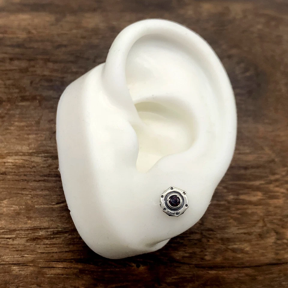 Pendientes granate para hombre, pendientes de motociclista para hombre, joyería mecánica, plata de ley, PE39 Foto 2 de 4