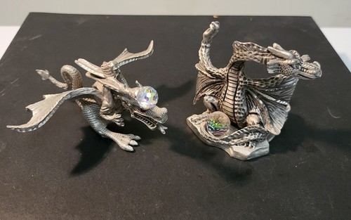 (2) Masterworks Fine Pewter Dragon Figurines with Crystal Ball 1989 1991 Vintage