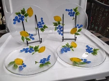 4 Salad Plates, Arcoroc France Textured Glass Four (4) Vtg Reverse Hand Painted
