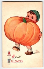 Halloween Postcard Boy Holds BIG Pumpkin Winsch Back Gottschalk Dreyfuss & Davis