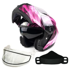 Pink Adult Modular Flip Up Snowmobile Helmet w/ Dual Lens Anti Fog Shield DOT