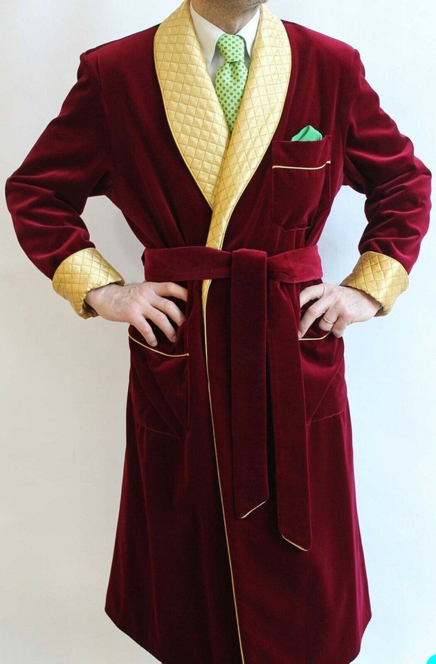 Velvet Quilted Robe for Men Vintage Smoking Dressing Gown Long Jacket ...