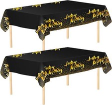 2 Pack Happy Birthday Table Cloth Cover Black Gold Party Durable Tableclot