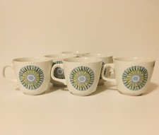 Vtg 6 MCM J G Meakin Ironstone Aztec Coffee Tea Cups Mugs 8 Oz MOD Blue Green