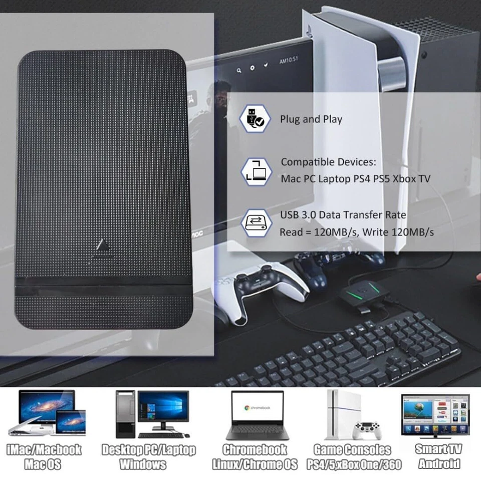 ezekers Portable 1TB External Hard Drive HDD — USB 3.0 & USB C for PC, Mac, PS - Image 3 of 4