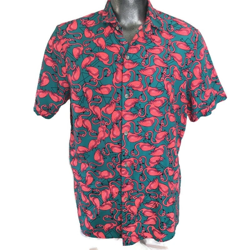 SSLR Mens Collection Pink Flamingo Short Sleeve Button Up Shirt Size L