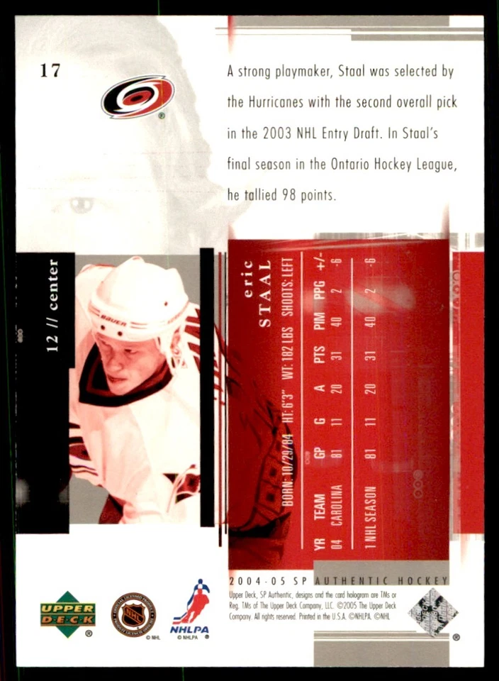 2004-05 SP Authentic Eric Staal Carolina Hurricanes #17 - Image 2 of 2