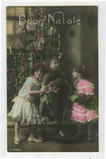 c 1910 Child Children KIDS w/ DOLL Toy Pony tinted antique photo postcard