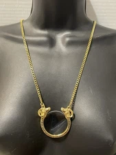 Vintage Kenneth Jay Lane Ram Heads Magnifying Glass Necklace Gold Tone