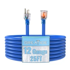 25 Ft Lighted Outdoor Extension Cord - 12/3 SJTW Heavy Duty Extension Cable