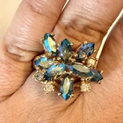 Vintage 925 Sterling Gold Vermeil Peacock AB Rhinestone High Dome Cocktail Ring