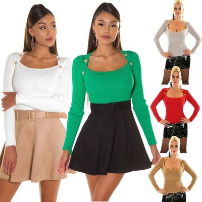 Eleganter Damen Pullover Quadratischer Kragen Goldene Knöpfe Langarm Neu 8128