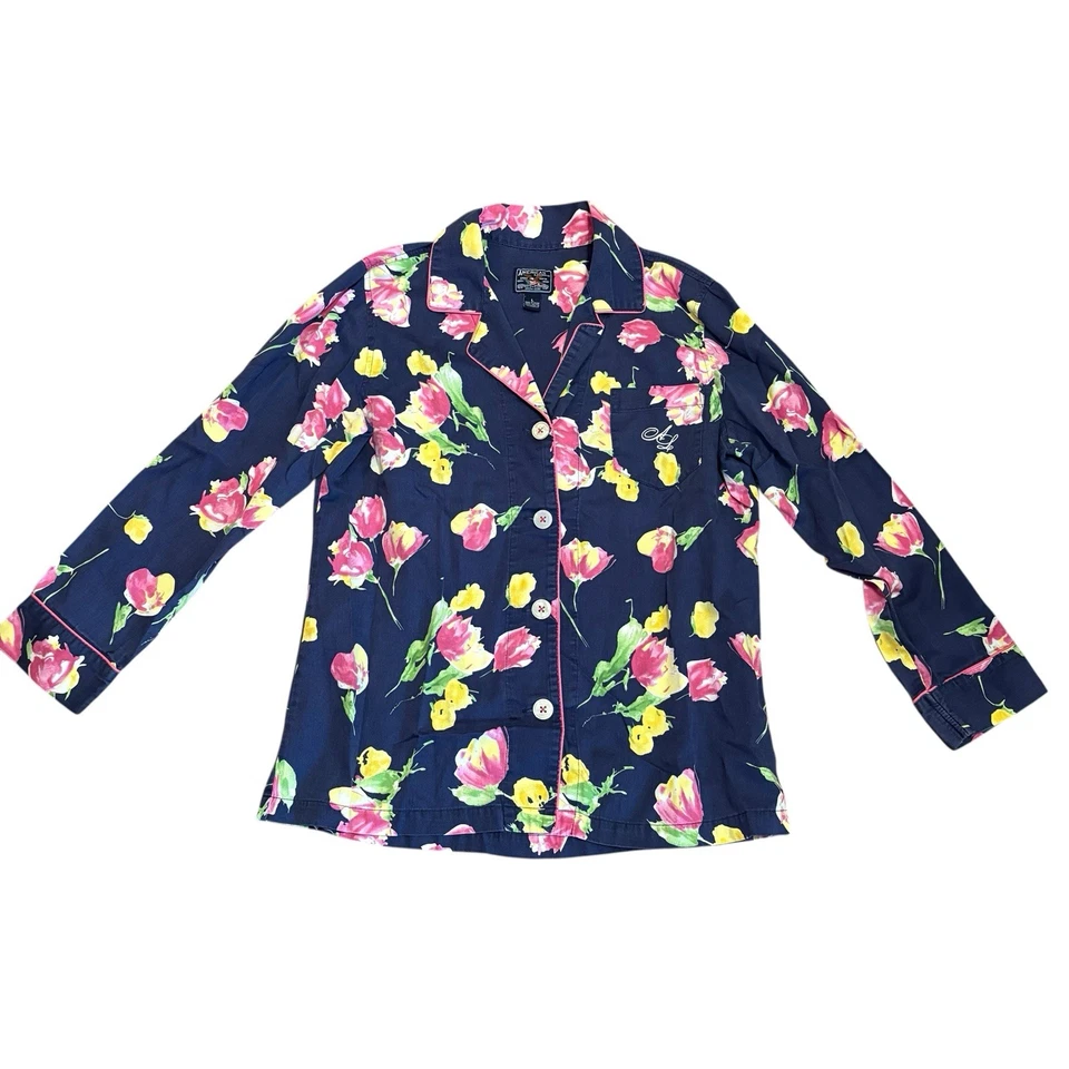 Conjunto de Pijama American Living Top Pantalones Capri Botones Azul Floral Cintura Elástica Lg Foto 3 de 4